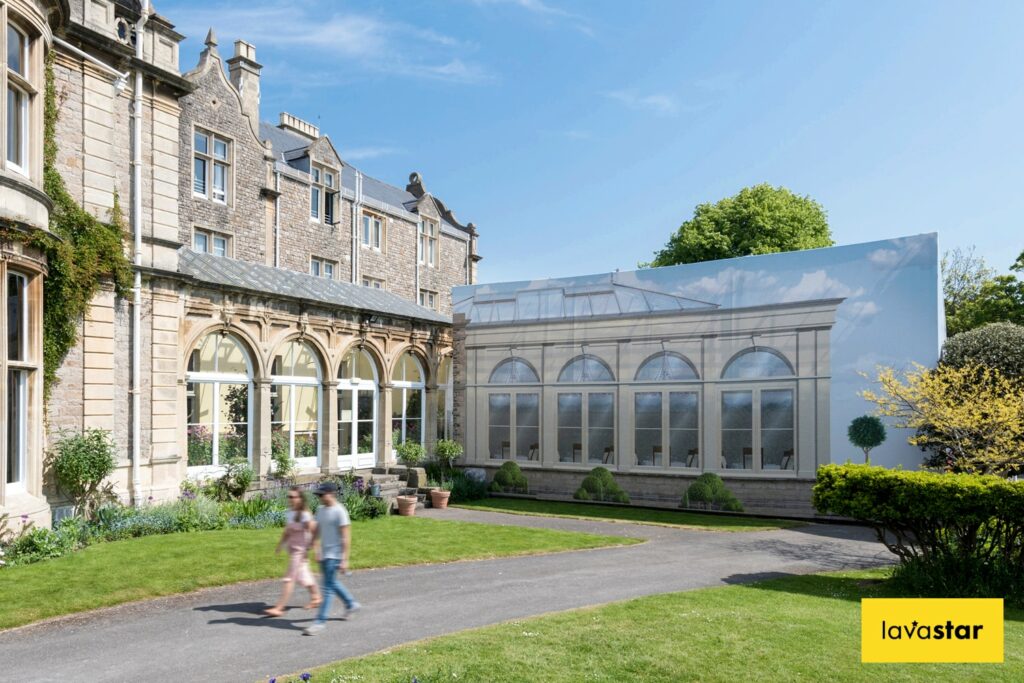 Printed PVC building wrap which replicates the facade of the building