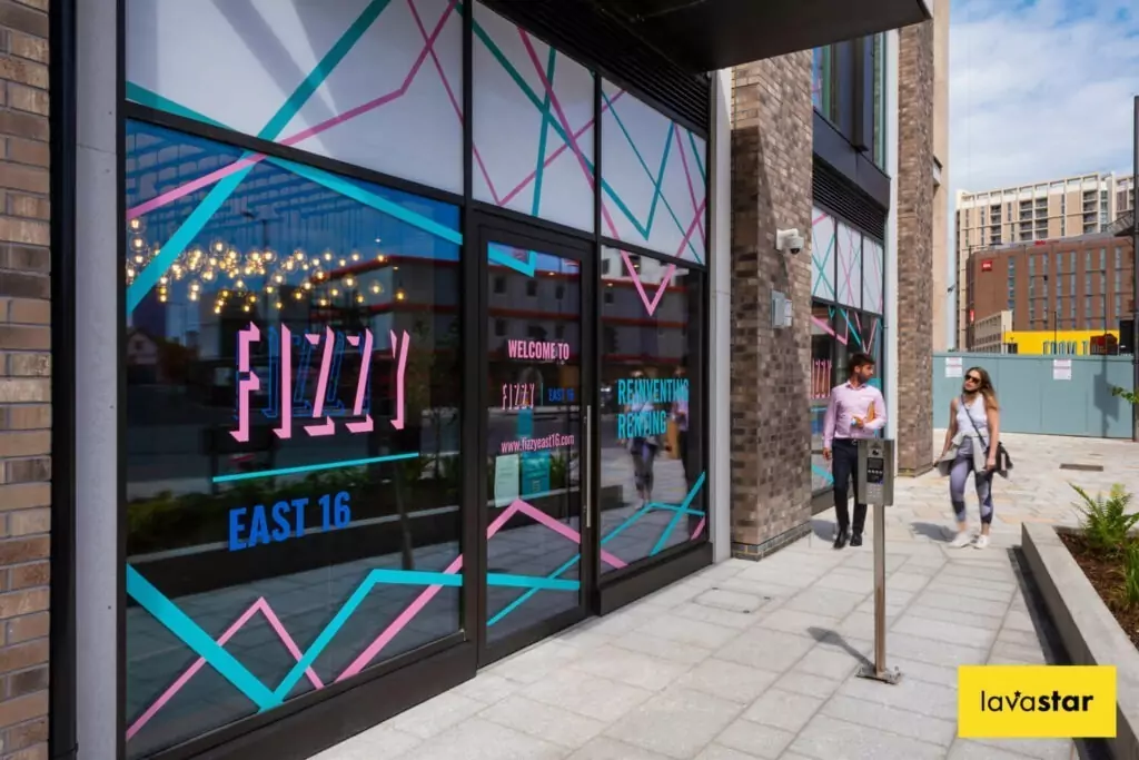 Cut vinyl vinyl graphics applied to glass frontage of a commercial space
