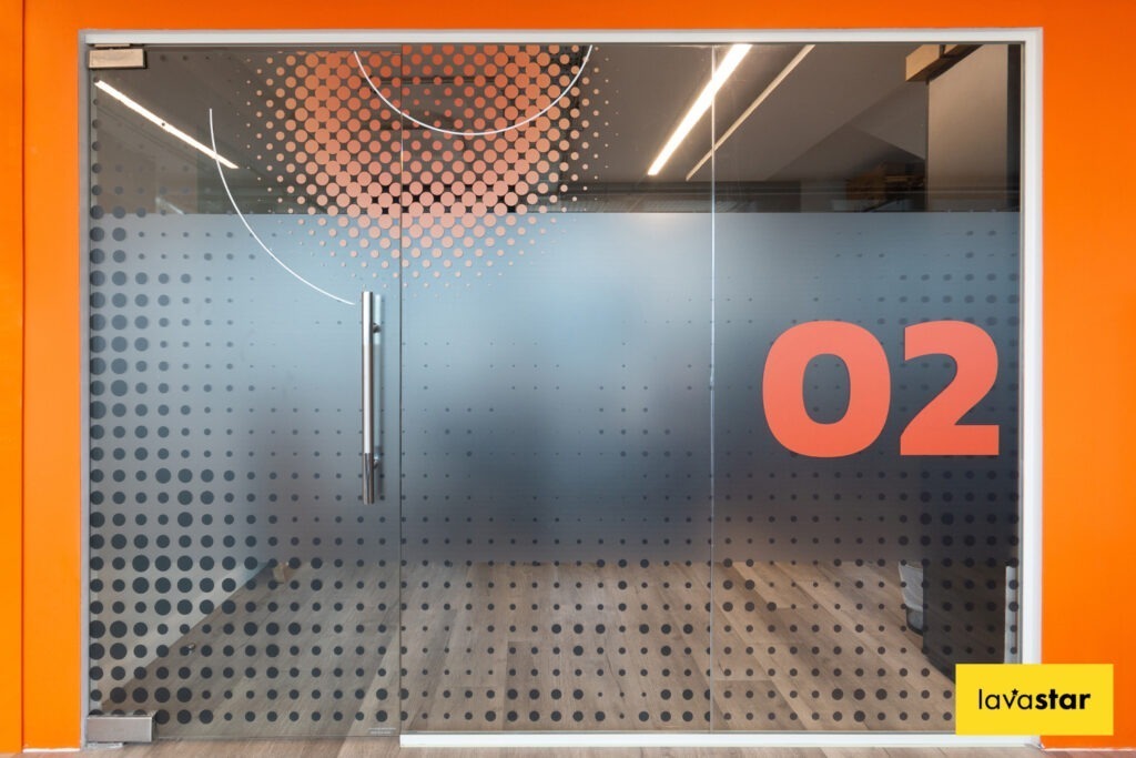 Printed office window frosting idea for covering glass partitioning