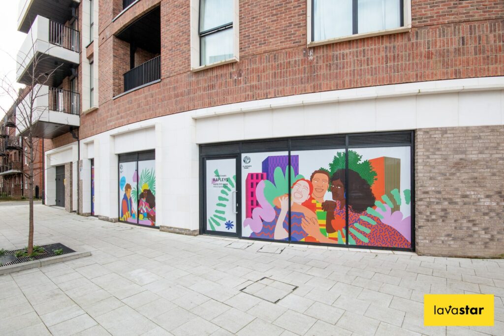 Colourful printed contravision window vinyls supplied and installed by Lavastar