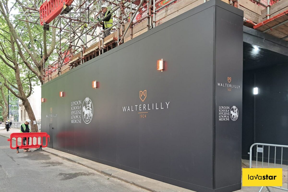 Creative example of some printed hoarding panels installed 4 meters high in London